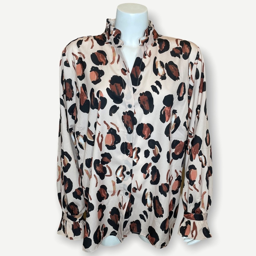 Eloquii Printed Button Down Top Blouse Ruffle Neck
